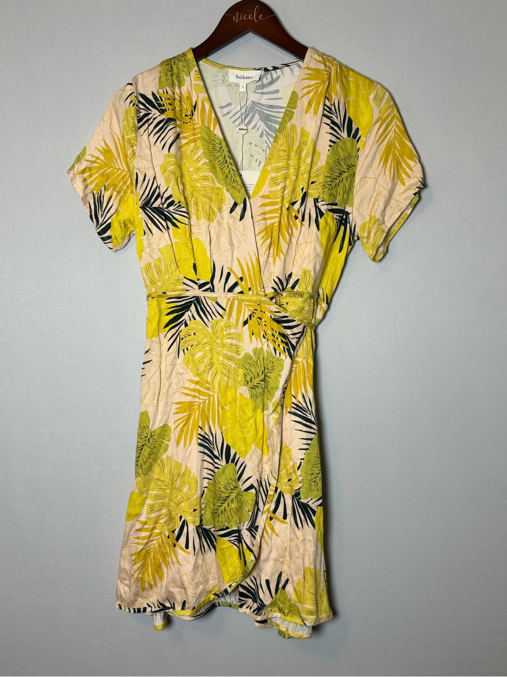 NWT Bohme Women’s Bohemian Yellow Tropical Leaf Wrap Dress Sz Small